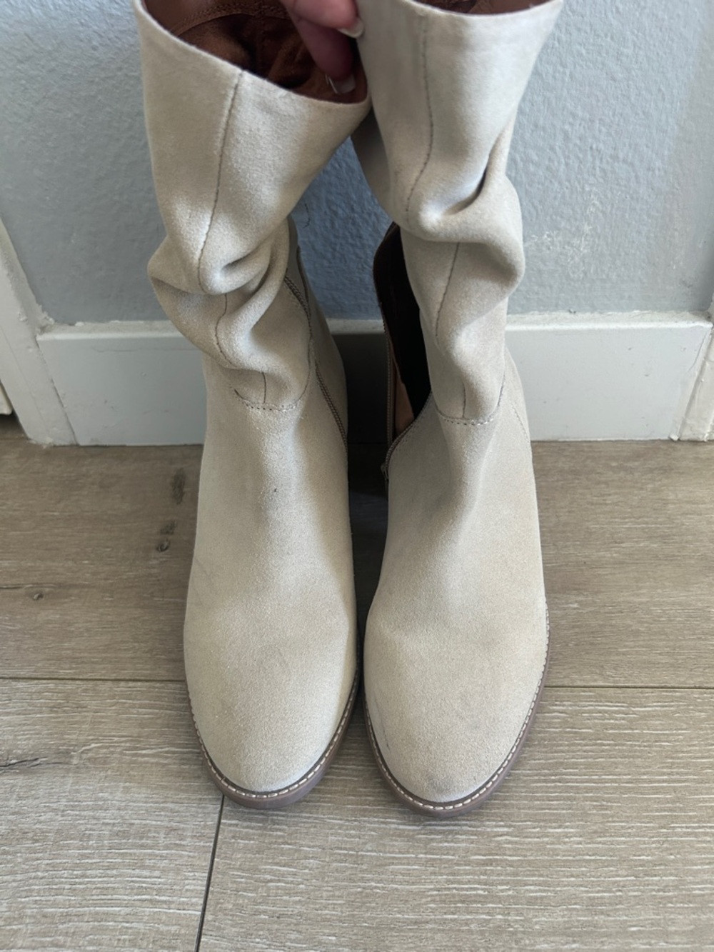 Neutral Cream Suede Mid-Calf Heeled Boots
